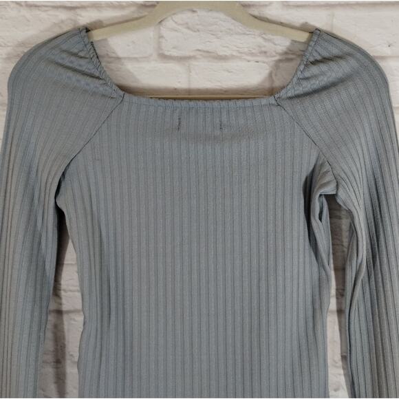 E Madewell Light Craft Blue Ribbed Square Neck Crop Long Sleeve Tee Shirt NWT XS - Picture 11 of 12